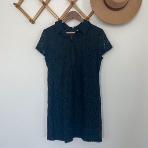 NY&Co. Black Flower Lace Short Sleeve Mini Dress with Collar & Button De…